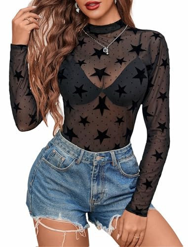 Avidlove Mesh Long Sleeve Tops for Women Sheer Top Mock Neck See Thru Mesh Top Women Star XL | Amazon (US)