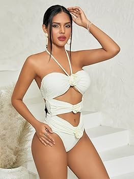 BEAUDRM Women's Halter Neck 3D Flower Decoration Sexy One-Piece Swimsuit Bathing Suit | Amazon (CA)