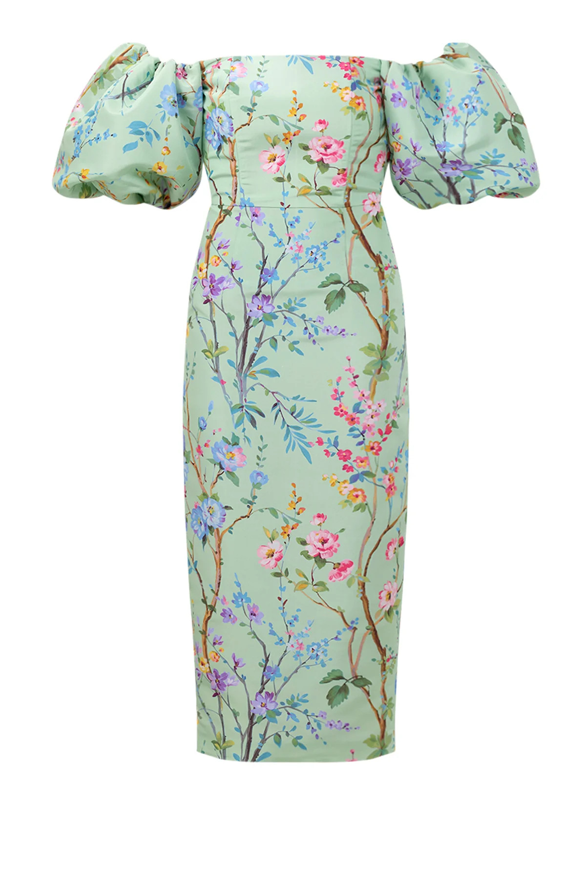 Sylvia Garden Reverie Silk Faille Midi Dress in Celadon Floral | Over The Moon