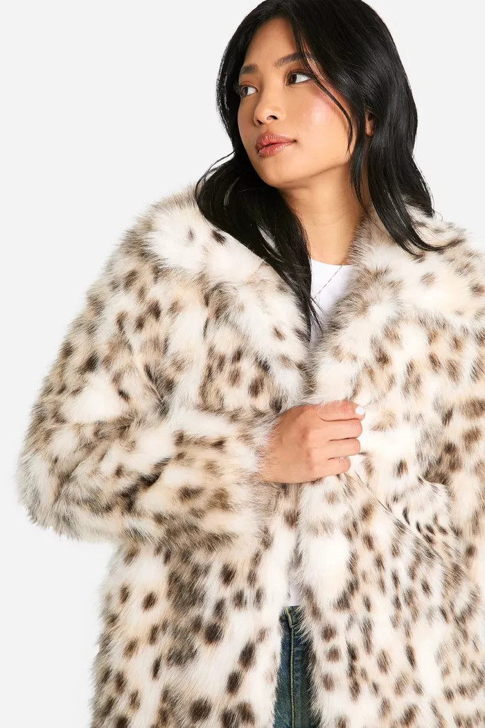Petite Snow Leopard Faux Fur Coat | Boohoo.com (UK & IE)
