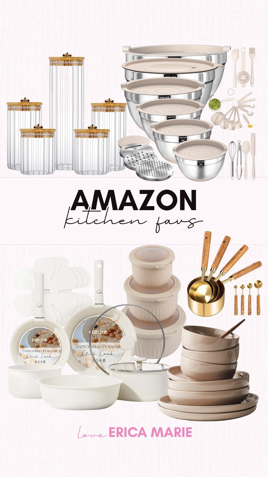 Cooking may not be at the top of my list of “favorite” things to do, but I still have my Amazon kitchen favorites that make it a little easier to do. I love that these colors match my style and make me feel good when I go into my kitchen. These mixing bowl set continues to be a bestseller and with the airtight lids, grater attachments and no slip bottoms, it’s no surprise. I love how affordable this pot set is and easy to store with the detachable handles.                              
neutral kitchen aesthetic, gold kitchen utensils

#LTKHome #LTKmomlife #LTKOver40