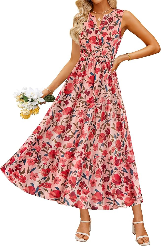 ZESICA Vestido midi de verano para mujer, bohemio, floral, sin mangas, cuello en V, acampanado, c... | Amazon (US)