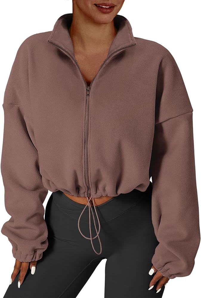 ANRABESS Women's Full Zip Cropped Fleece Sherpa Jackets Oversized Long Sleeve Workout 2023 Fall Winter Coats Outwear | Amazon (US)