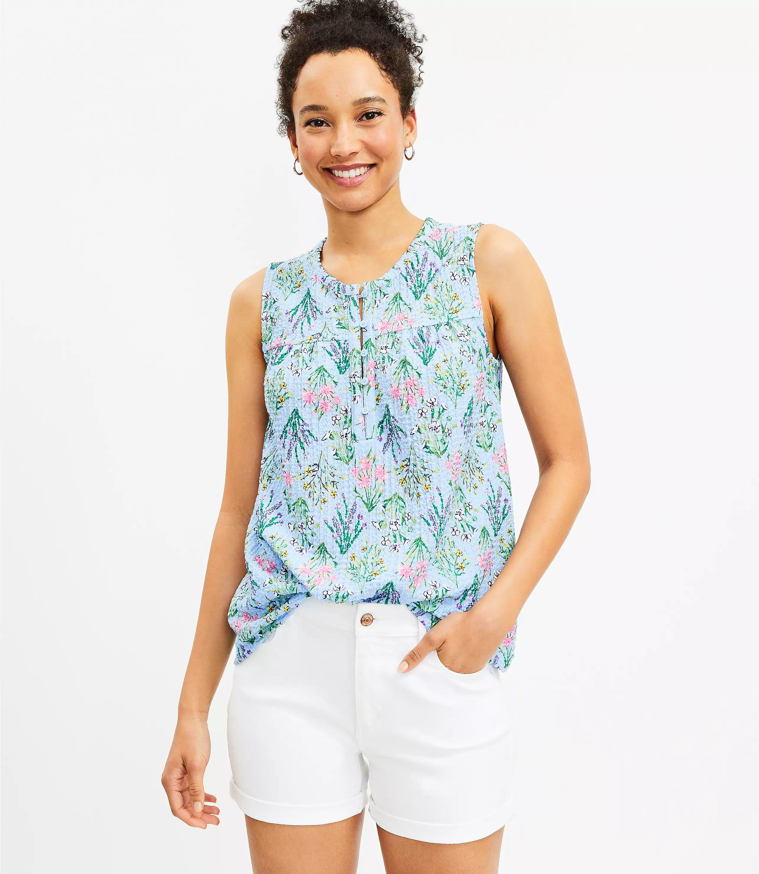 Bouquet Shirred Button Shell | LOFT