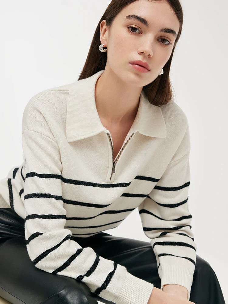 Wool Black And White Stripe Women Sweater | GOELIA