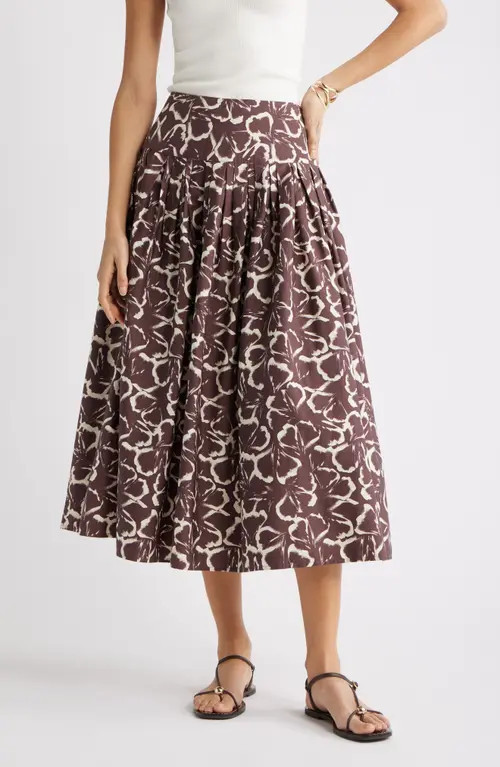 Nordstrom Pleated Cotton Poplin Skirt in Brown Floating Ginko at Nordstrom, Size Large | Nordstrom