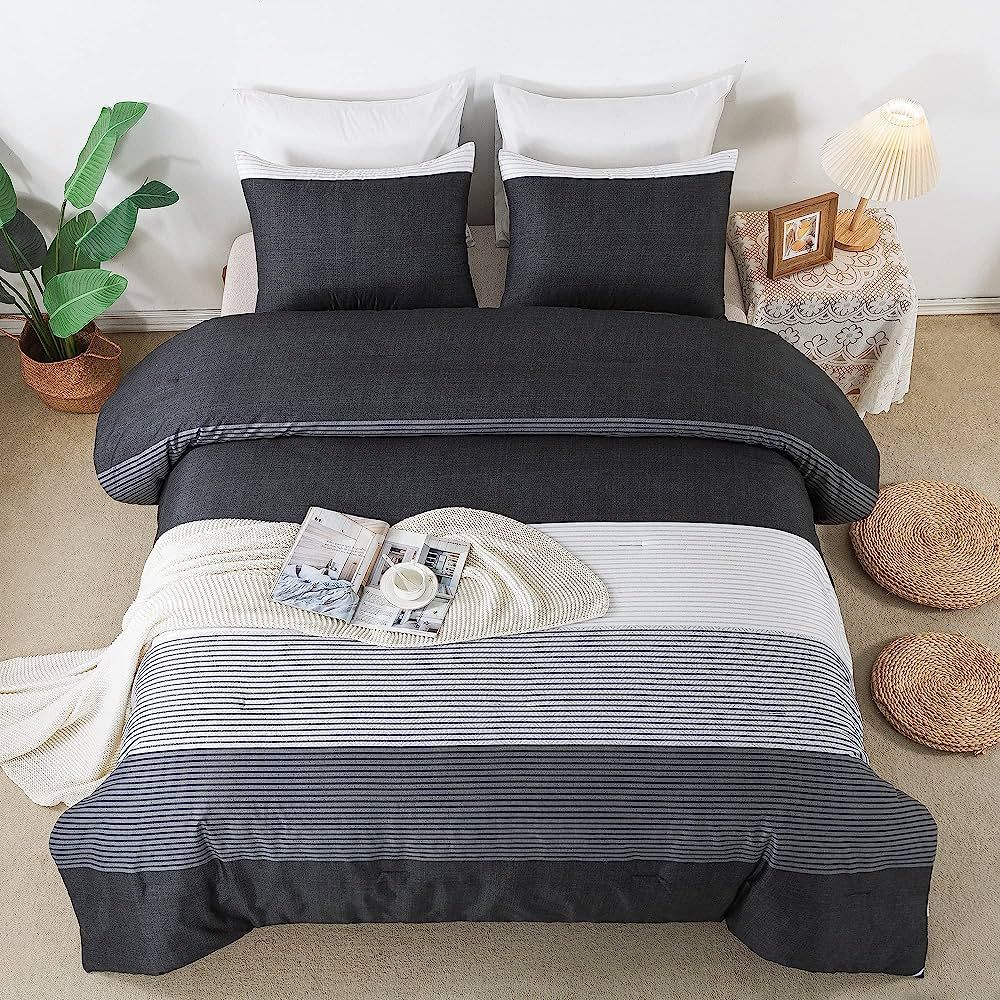 Litanika Queen Comforter Set Black White Grey - 3 Pieces Lightweight Summer Bedding Set for Boys ... | Amazon (US)