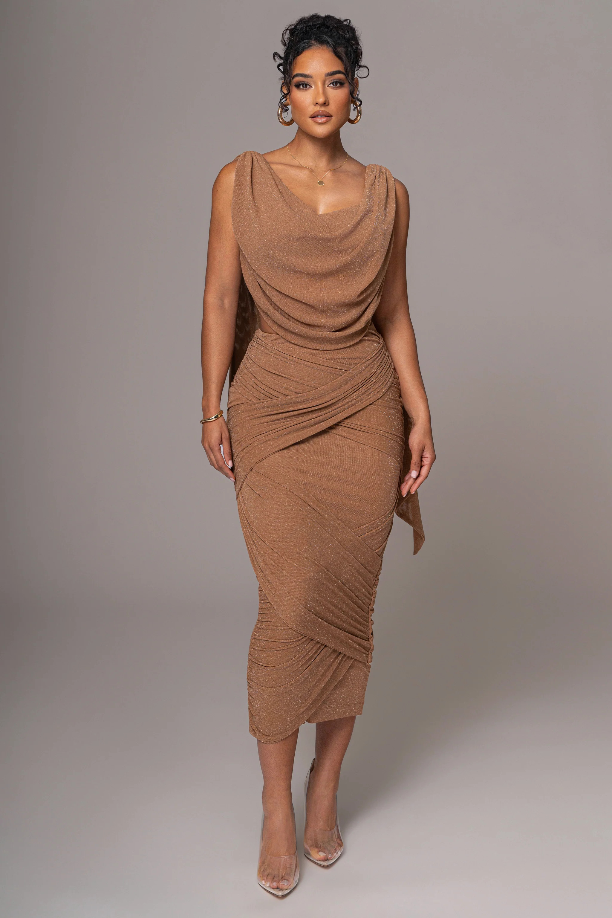 Brown Divine Drape Skirt Set | JLUXLABEL