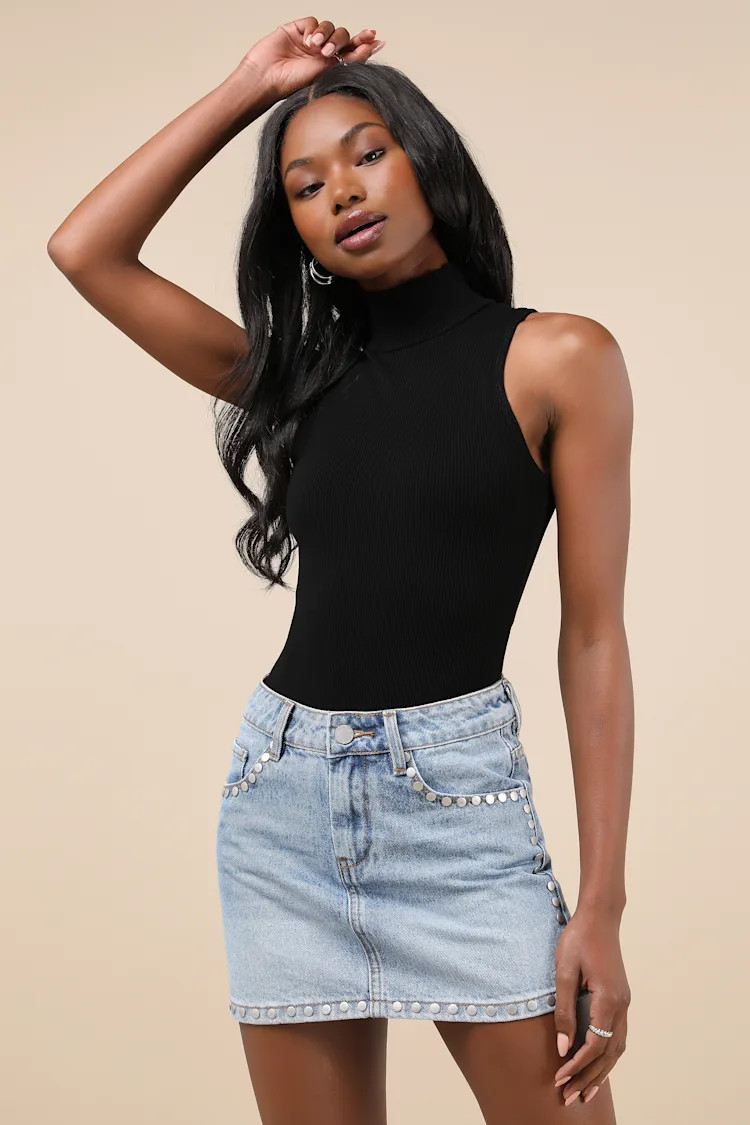 Edgy Sweetness Light Wash Denim Studded Mini Skirt | Lulus