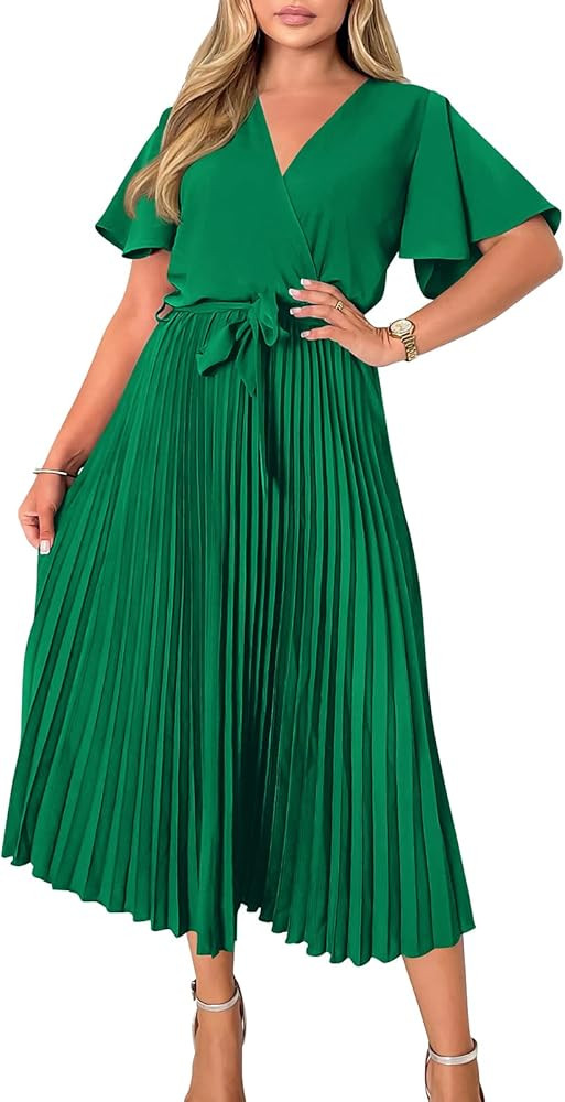 PRETTYGARDEN Women's Wrap V Neck Casual Summer Dresses 2023 Flutter Short Sleeve Satin Tie Waist ... | Amazon (US)
