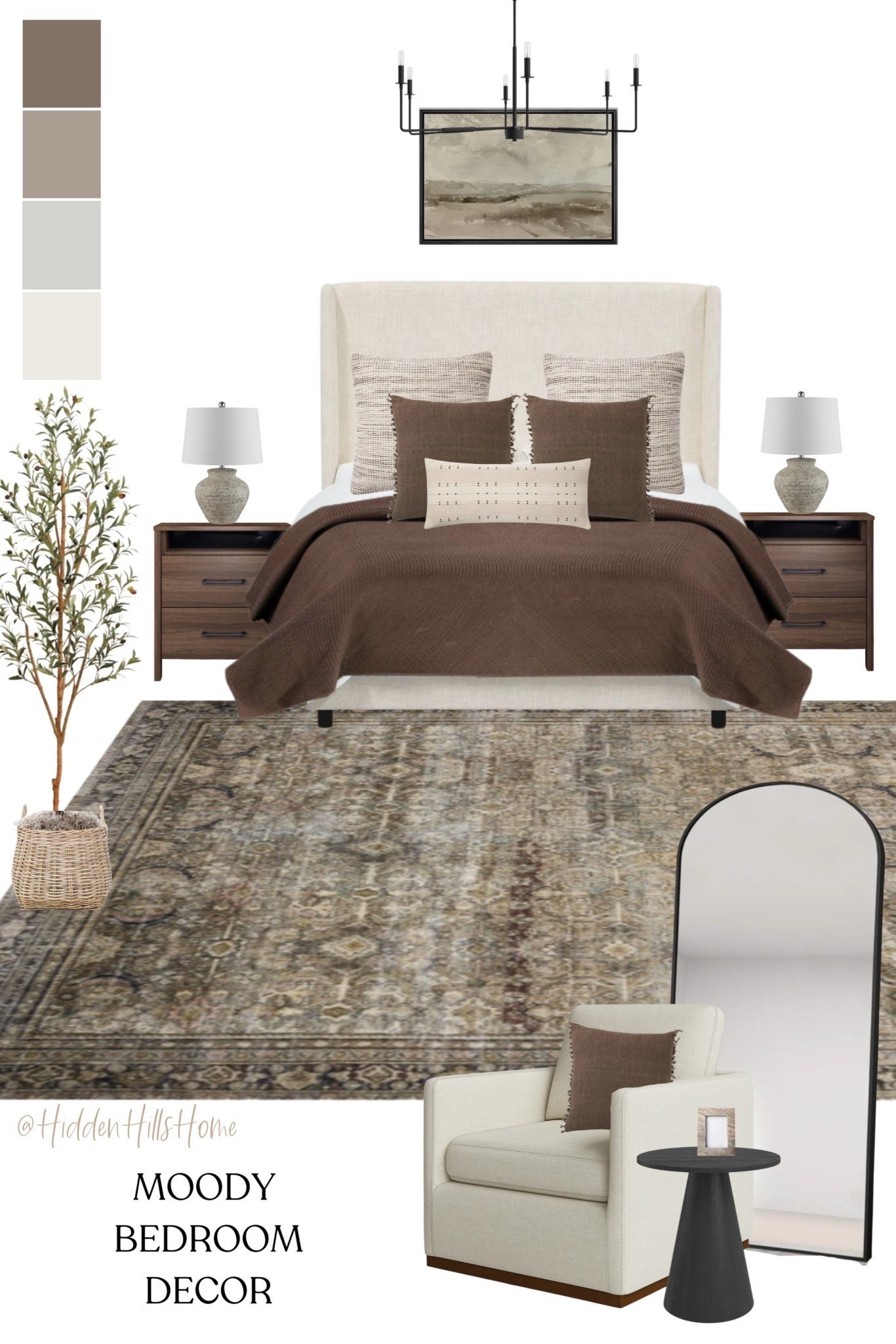 Moody Bedroom Decor | Earth Tones with Cozy Vintage Style, bedroom mood board, home decor ideas, Tilly bed, bedroom design, home inspiration, bedroom rug, nightstands, olive tree #bedroom

#LTKHome #LTKSaleAlert