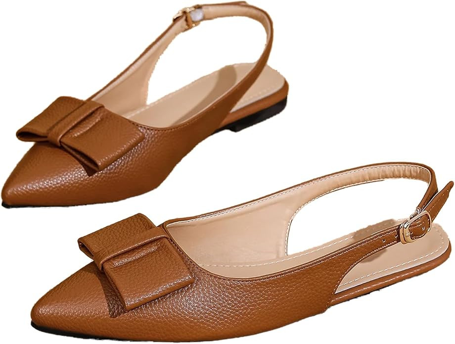 Womens Slingback Flats Pointed Toe Bow Buckle Ballet Office Dress Shoes | Textured Upper With Adj... | Amazon (US)