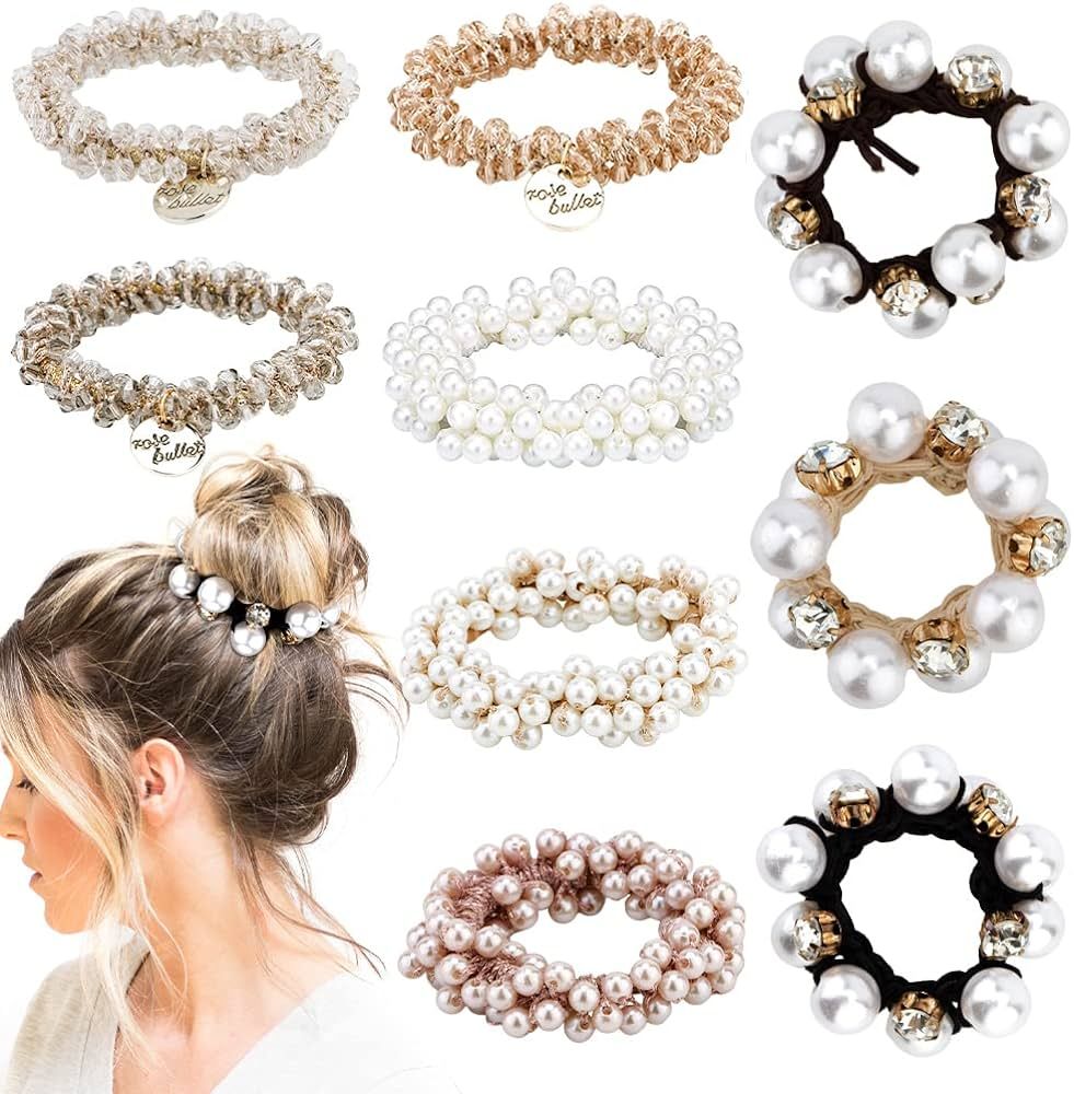 Ahoney 9Pcs Pearl Hair Ties Elastic Hair Scrunchies Hold Crystal Beads Bulk Hair Ropes Stretchy H... | Amazon (US)