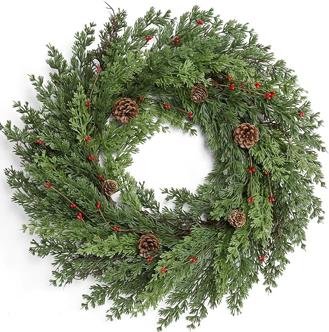 Waipfaru 24 Inch Christmas Wreaths for Front Door, Real Touch Cedar Wreath, Artificial Green Pine... | Amazon (US)