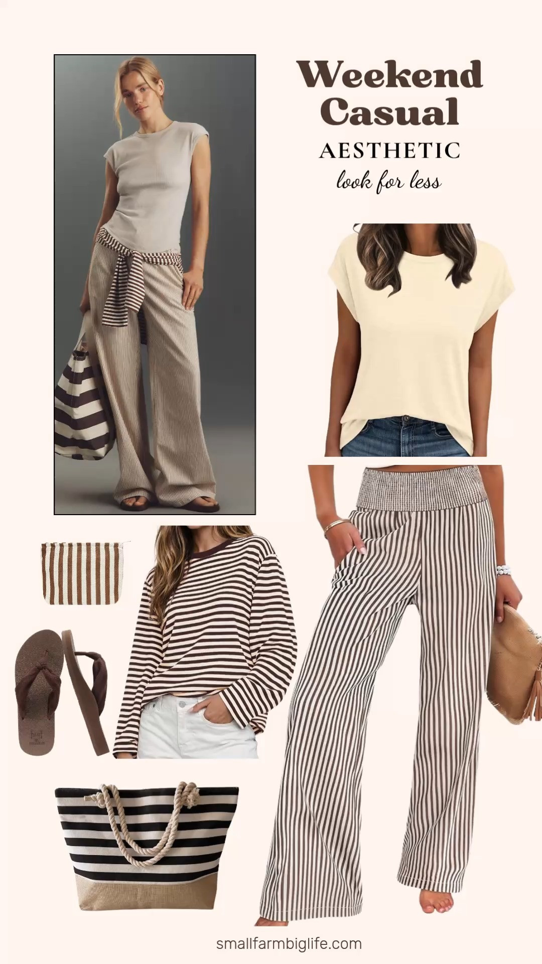 Love the weekend casual aesthetic but not the designer price tag? I found all the pieces on Amazon for so much less! From the most gorgeous brown and cream striped palazzo pants and an oversized striped long sleeve tee to a classic cap sleeve t-shirt, comfortable arch support flip flops, a beautiful canvas and jute beach bag with rope handles, and a matching striped makeup bag to keep everything organized, you can get the whole effortless and cohesive look for a fraction of the cost. Linking everything below! 

 #LTKootd #LTKSeasonal #LTKTravel