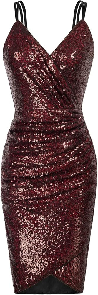 GRACE KARIN Women's Sexy Sequin Sparkly Glitter Ruched Party Club Dress Spaghetti Straps Wrap V-N... | Amazon (US)
