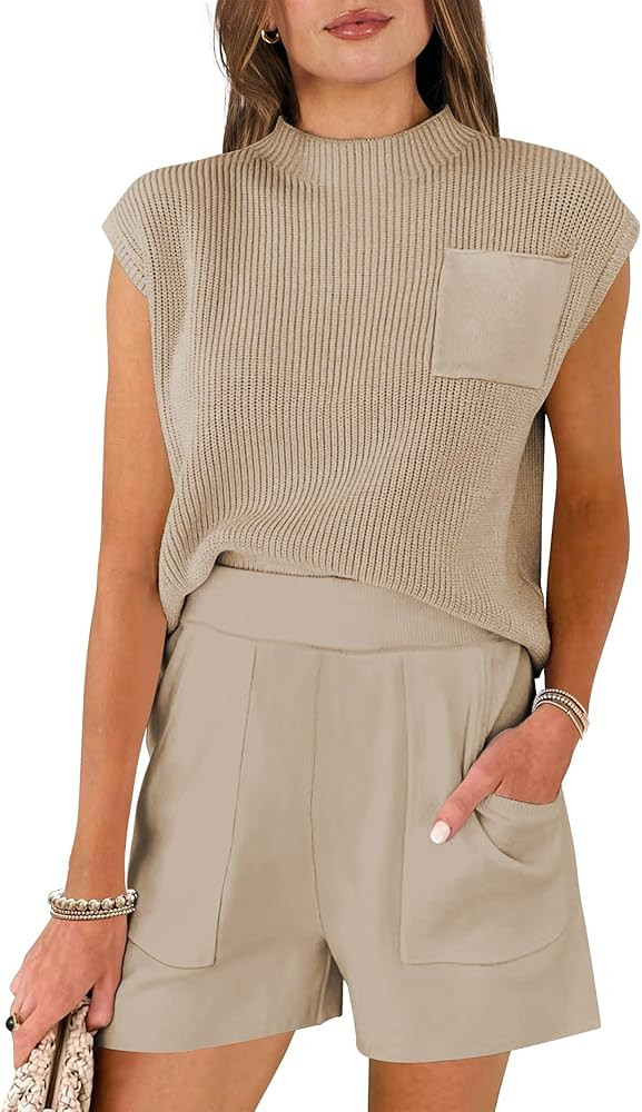 Caracilia 2 Piece Lounge Sets for Women 2024 Summer Short Sleeve Sweaters and Shorts Matching Set... | Amazon (US)