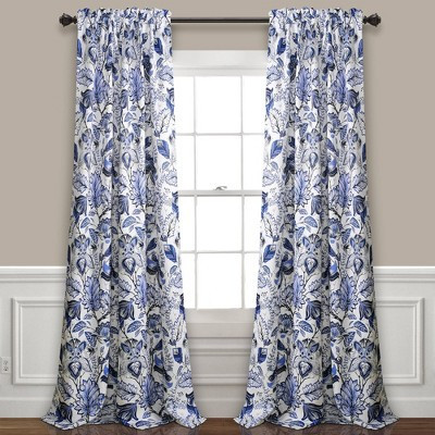 Set of 2 (95"x52") Cynthia Jacobean Light Filtering Window Curtain Panel Blue - Lush Décor: Modern Floral Drapes | Target