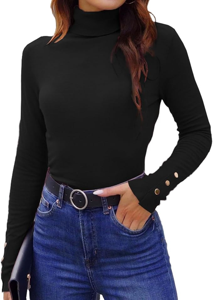 Hyipels Women's Turtleneck Sweater Long Sleeve Fitted Lightweight Soft Knit Pullover with Metal B... | Amazon (US)