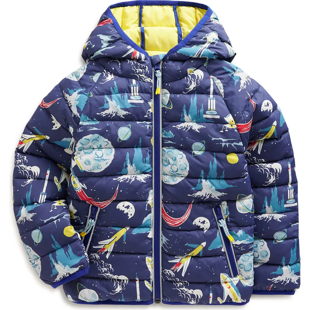 Mini Boden Kids' Packway Space Print Quilted Zip-Up Hooded Jacket in Multi Space at Nordstrom, Size 2-3Y | Nordstrom