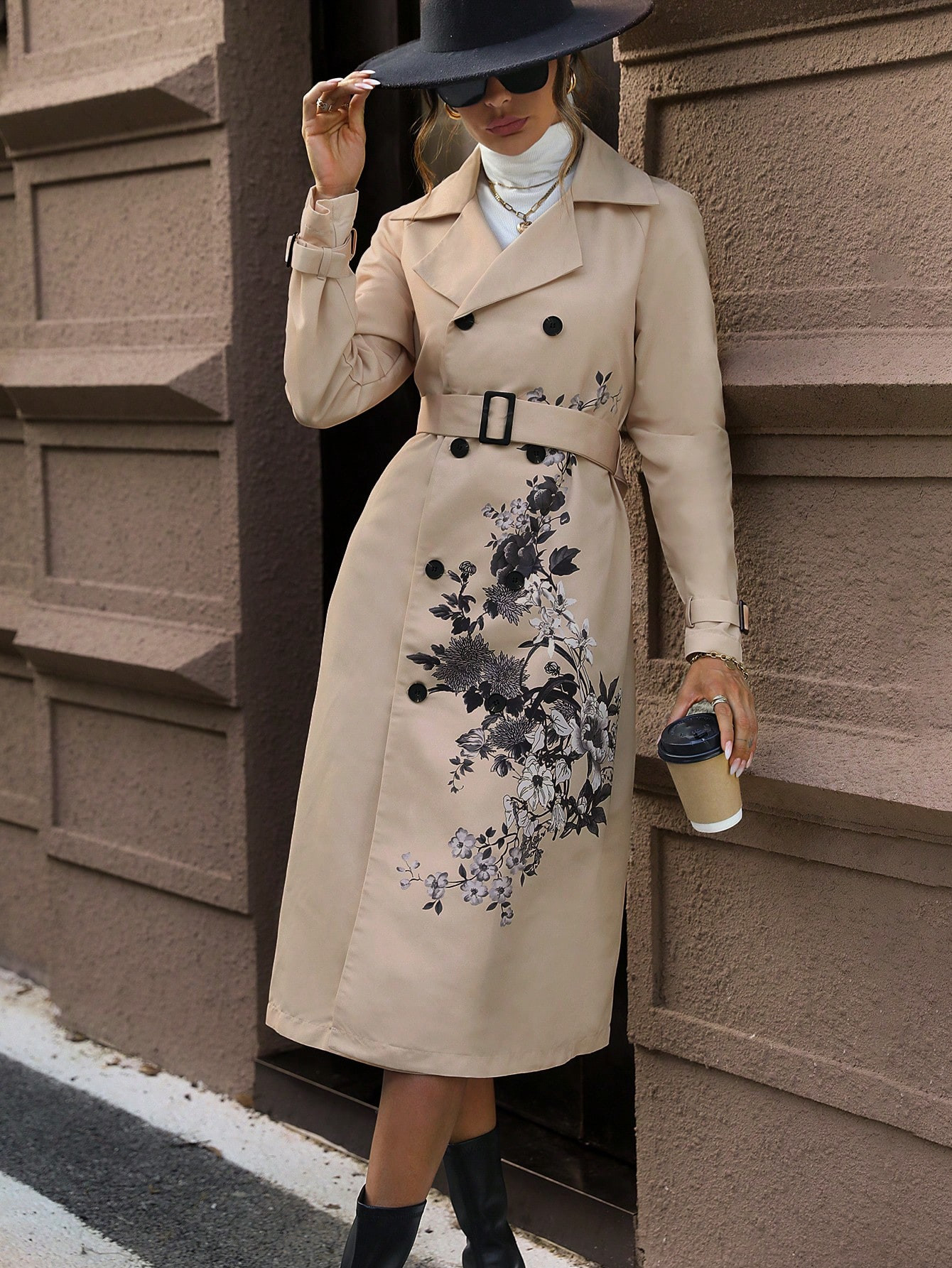 SHEIN LUNE Floral Print Double Breasted Belted Trench Coat | SHEIN