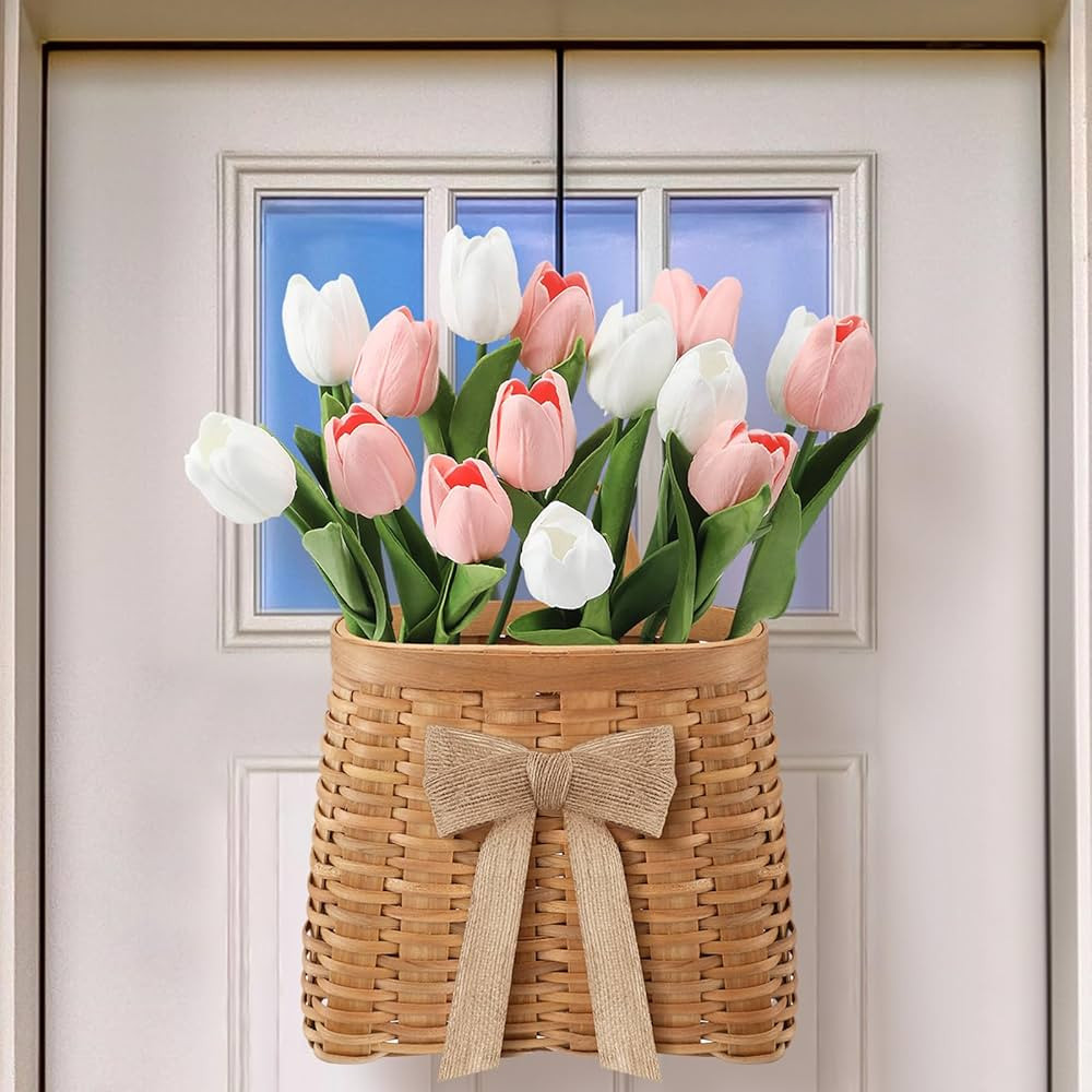 Dingion Spring Door Hanger Basket Wreath with 15 Artificial Tulip 19 Inch Hanging Tulip Wreath fo... | Amazon (US)