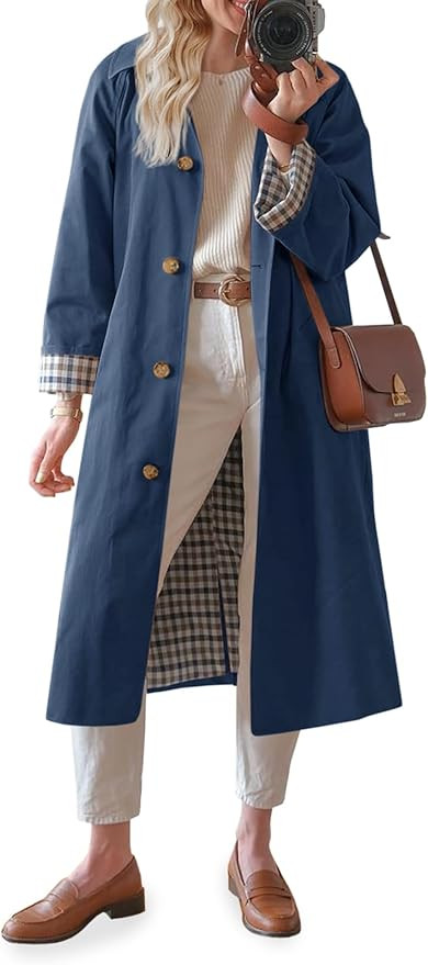 Tankaneo Womens Long Trench Coat Single Breasted Oversized Windproof Overcoat Fashion Outerwear | Amazon (US)