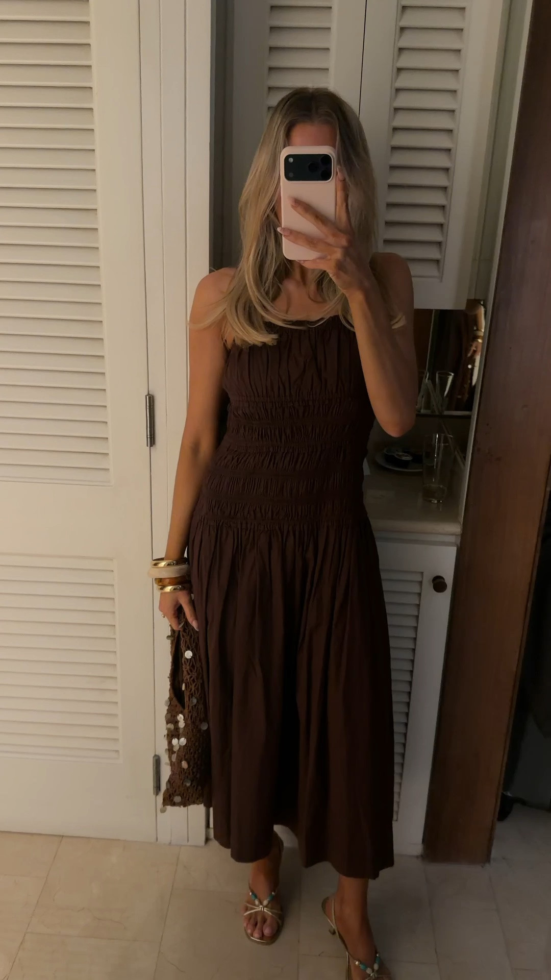 Prettiest brown shirred dress! Can be worn casual in the day with sandals or dressed up in the evening with little heels or wedges! C U T E! Restocked as it was a sell out as soon as it launched!