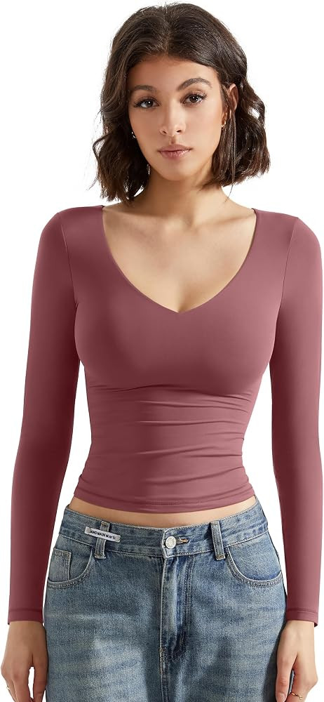 SUUKSESS Double Lined V Neck Crop Tank Tops Long Sleeve Shirts | Amazon (US)