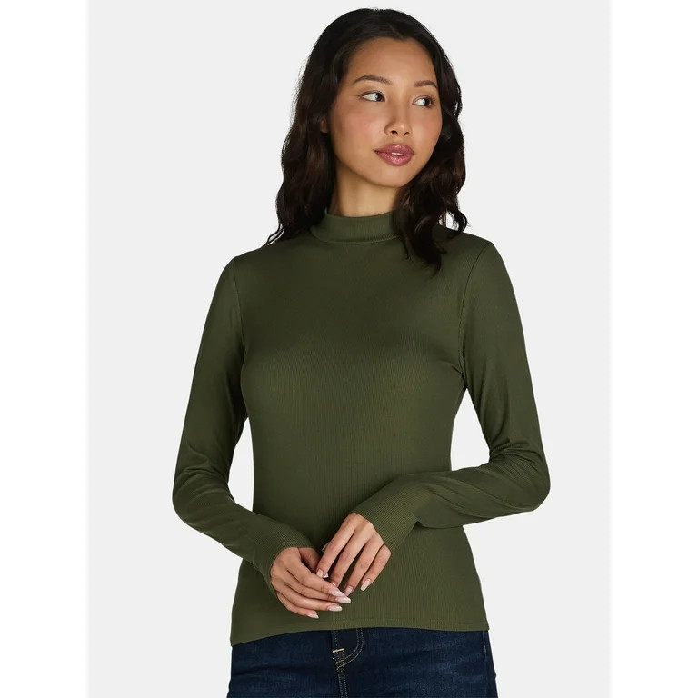 No Boundaries Ribbed Mock Neck Top with Long Sleeves, Women’s and Women’s Plus | Walmart (US)