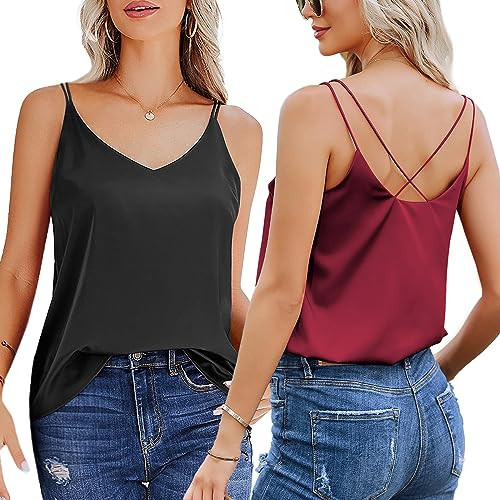 Ekouaer Womens Silk Satin Camisole Tank Tops V Neck Spaghetti Strap Blouses Cross Back Sleeveless... | Amazon (US)