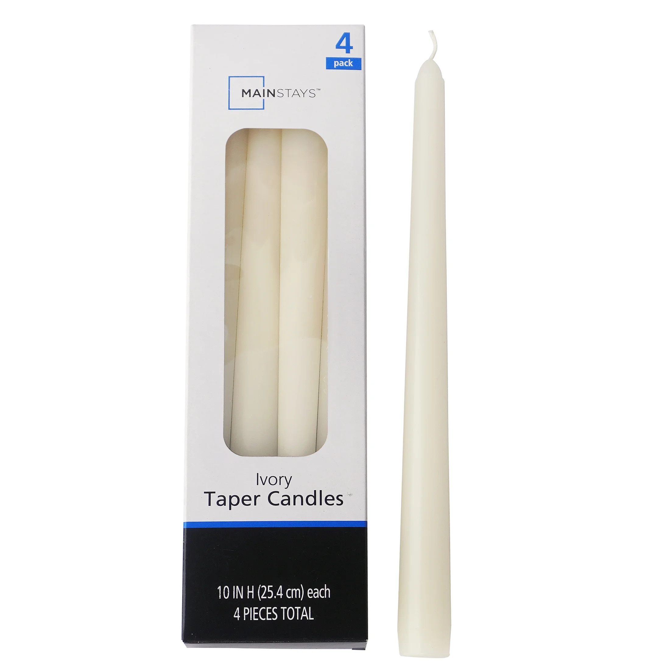 Mainstays Single Wick 10" Taper Candle, Unscented, Ivory, 4 Pack | Walmart (US)