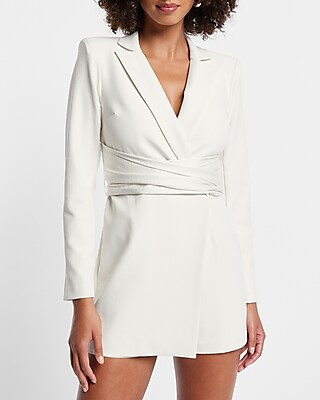 V-Neck Padded Shoulder Wrap Belt Open Back Blazer Romper | Express