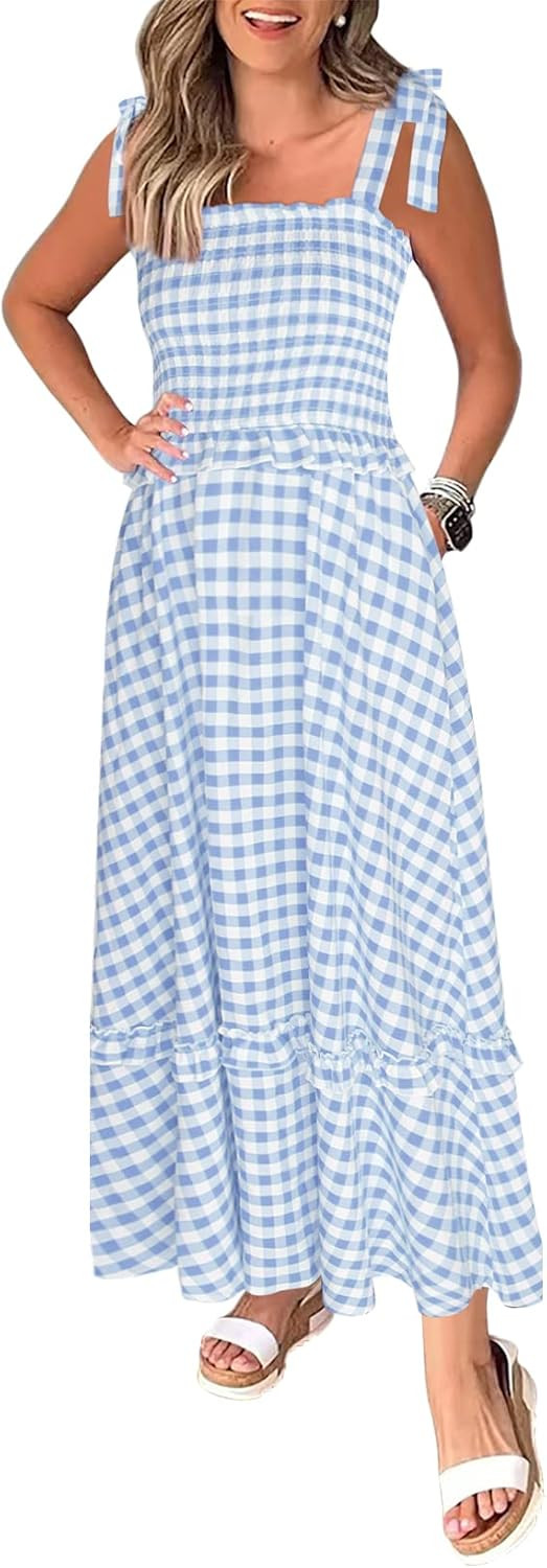 Beiranduo Women's Maxi Dress Summer Sleeveless Square Neck Spaghetti Strap Smocked A-Line Long Dress | Amazon (US)