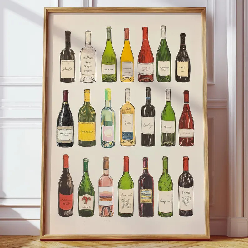 Vintage Wine Bottles Digital Poster | Wine Chart Printable Art | Wine Varieties Print | Minimalis... | Etsy (US)