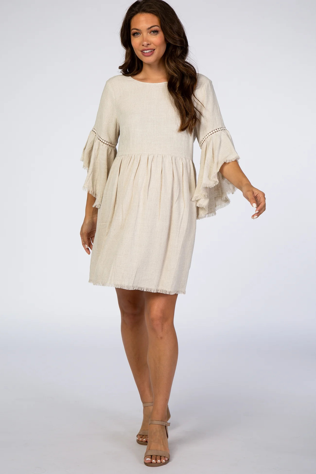 Beige Raw Edge Bell Sleeve Babydoll Maternity Dress | PinkBlush Maternity
