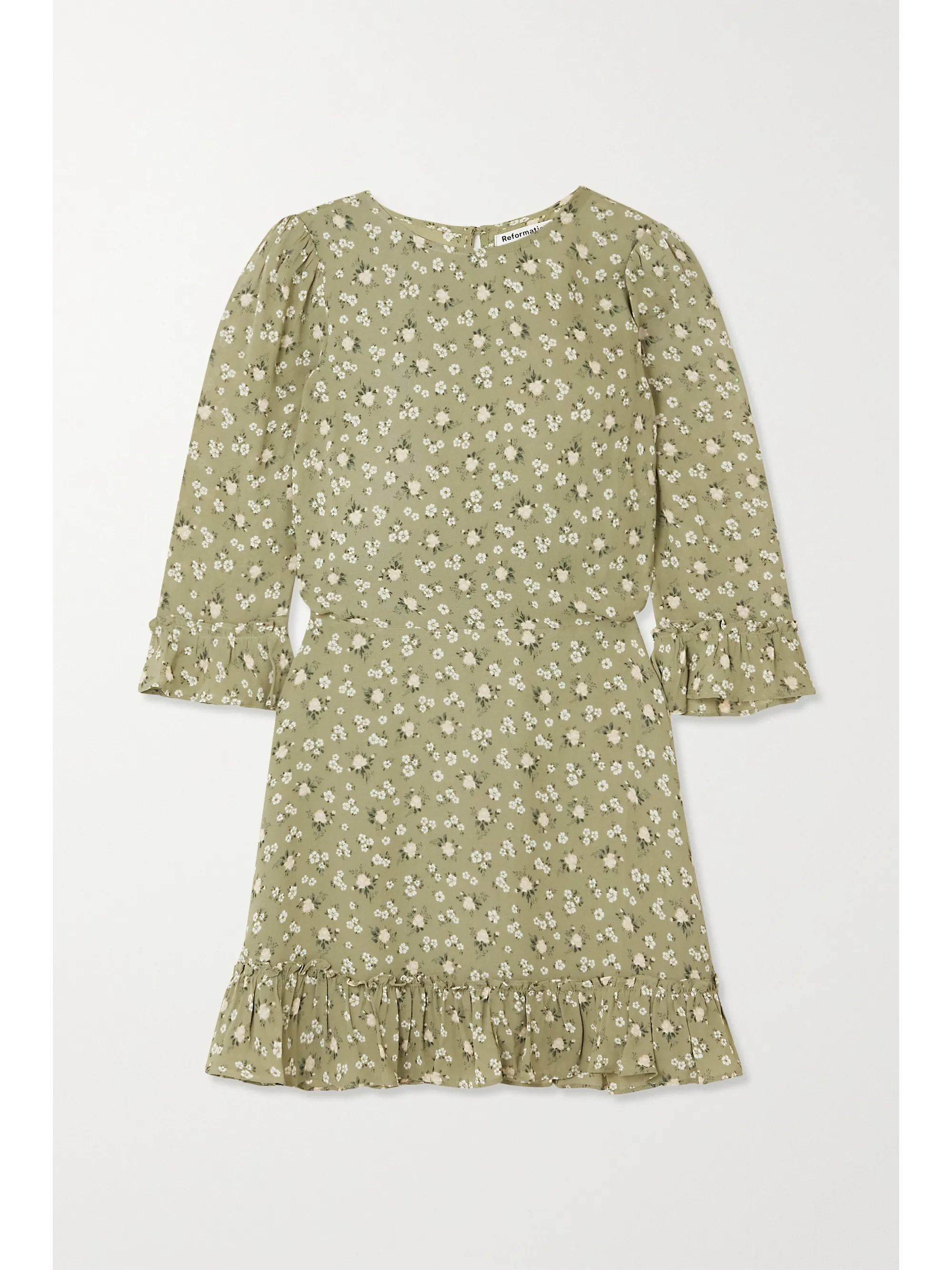 Green + NET SUSTAIN Doutzen ruffled floral-print georgette mini dress | Reformation | NET-A-PORTE... | NET-A-PORTER (US)