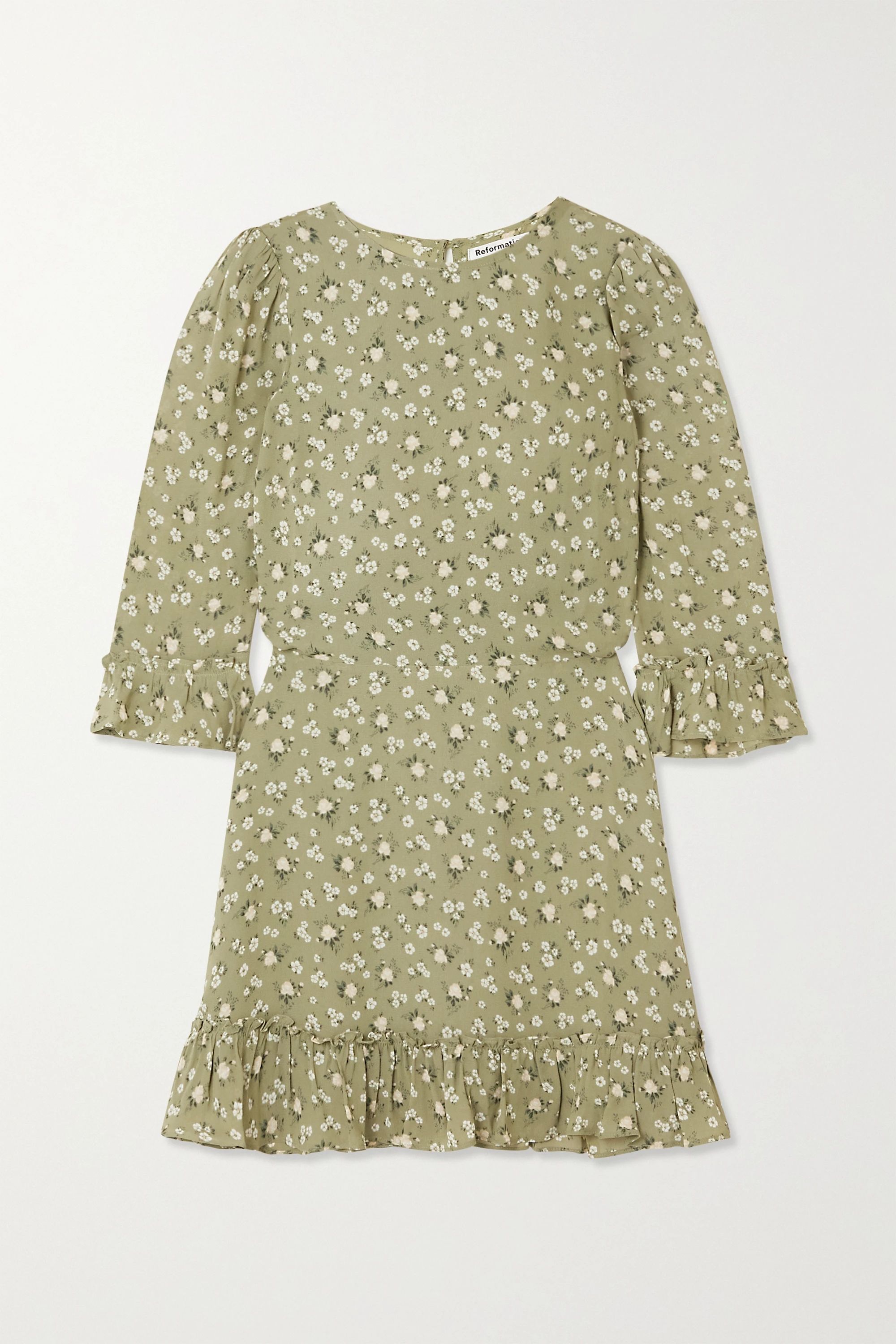 Green + NET SUSTAIN Doutzen ruffled floral-print georgette mini dress | Reformation | NET-A-PORTE... | NET-A-PORTER (US)