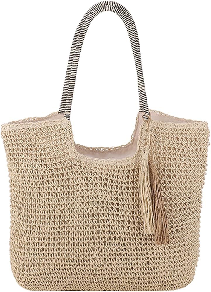 OWGSEE Straw Beach Bag, Summer Woven Tote Bag with Tassels Large Shoulder Handbag Straw Purses an... | Amazon (US)
