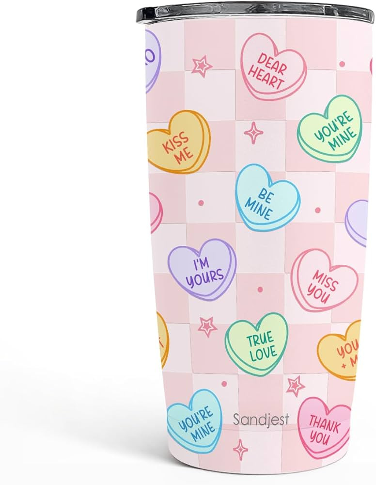 SANDJEST Heart Message Tumbler 20oz, Stainless Steel Travel Cup with Lid, Insulated Coffee Mug, H... | Amazon (US)