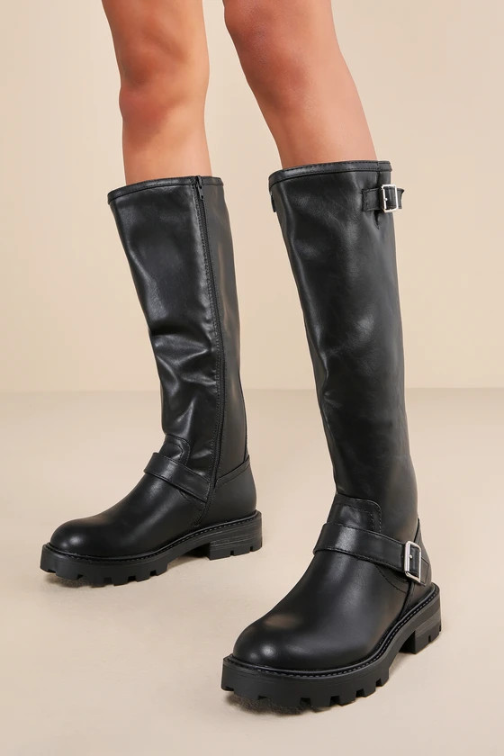 Freedomm Black Pari Buckle Knee-High Moto Boots | Lulus