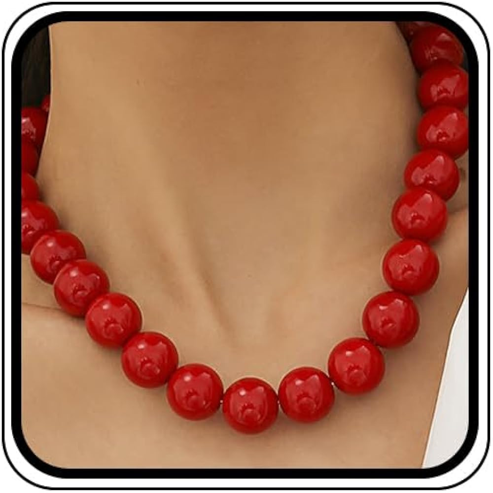 Large Red Beaded Choker Necklace for Women Vintage Black Pearls Balls Bead Collar Necklaces Chunk... | Amazon (US)
