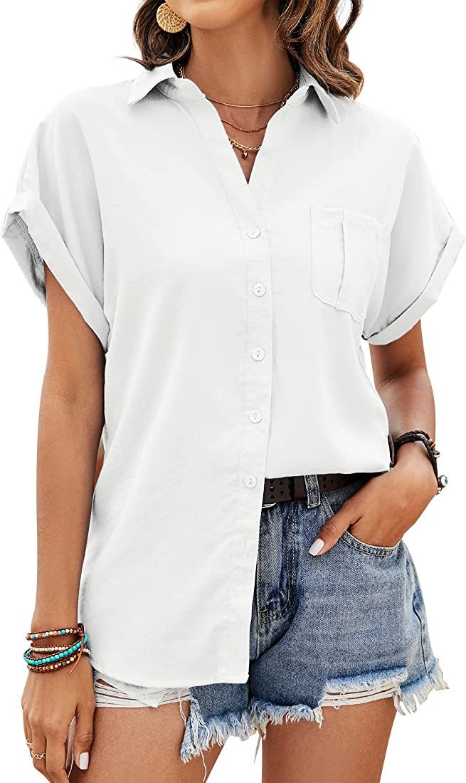 IECCP Cotton Linen Button-UP Shirts for Women Loose V Neck Tops with Pocket Casual Cuff Short Sleeve | Amazon (US)