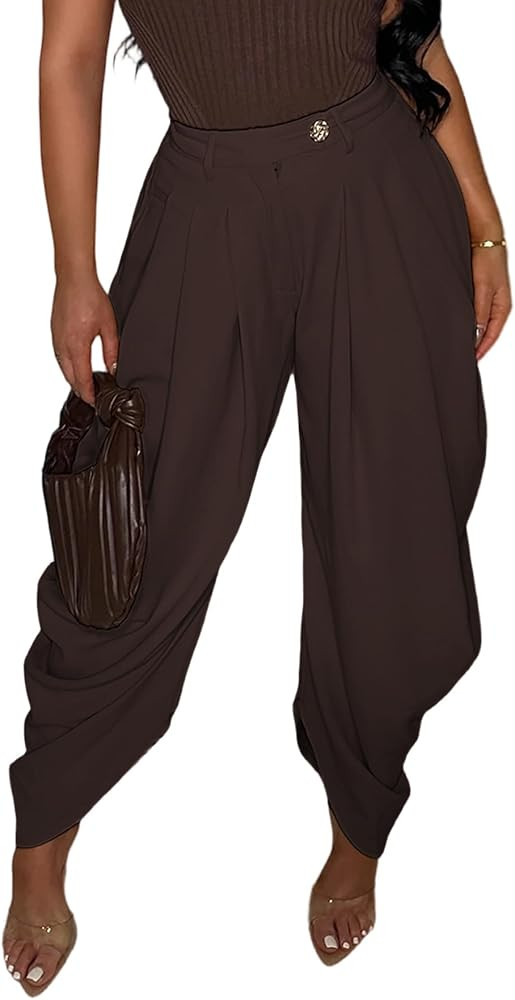 LETSVDO Women's Dress Slacks High Waist Baggy Barrel Pleated Business Work Pants Casual Wide Leg ... | Amazon (US)