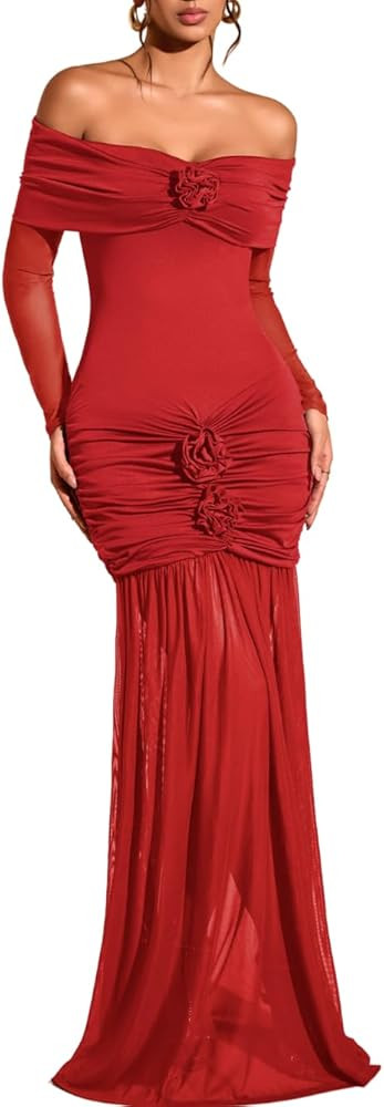 Off The Shoulder Maxi Dress,3D Flower Mermaid Ruched Dresses for Women,Elegant Formal Cocktail Ho... | Amazon (US)