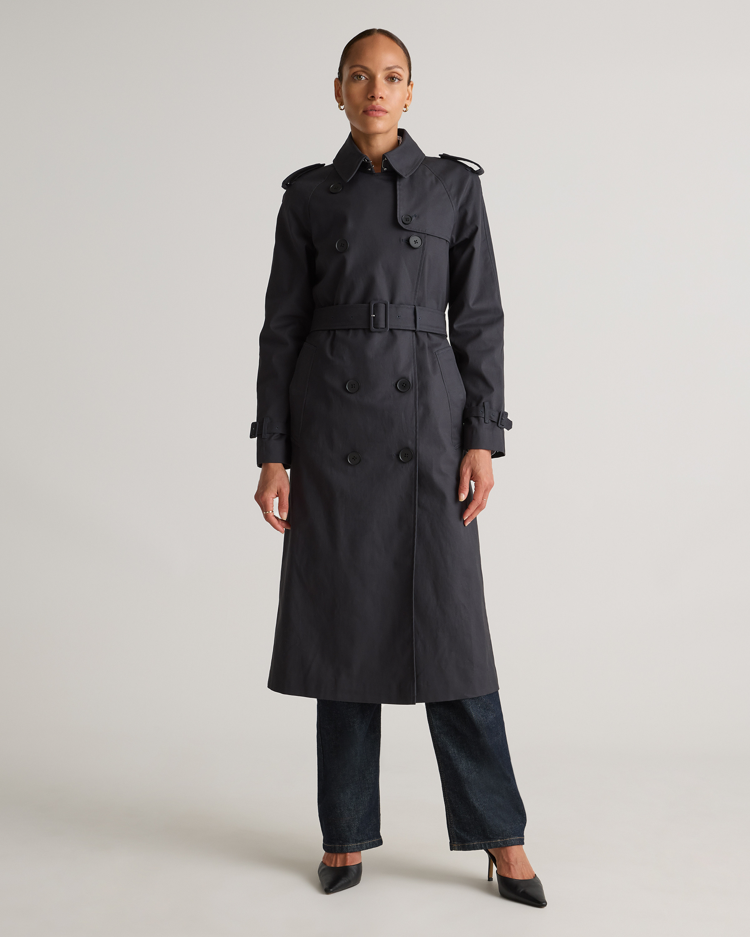 Quince | Women's Comfort Stretch Long Trench Coat in Midnight Black, Size XL, Organic Cotton | Quince