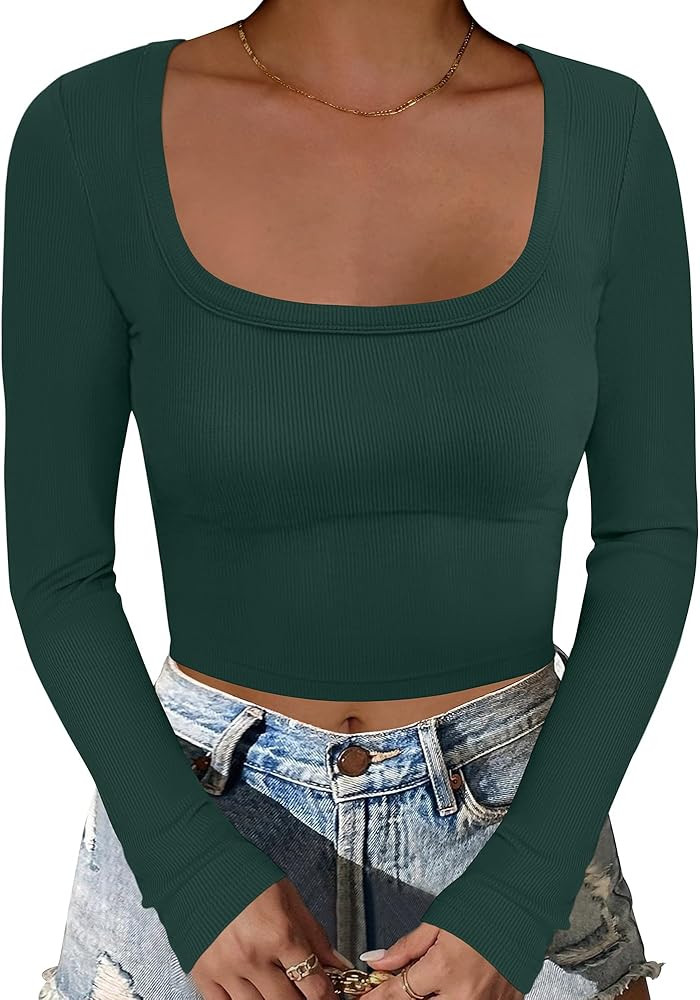 ANRABESS Women's Long Sleeve Square Neck Crop Top Ribbed Slim Fitted Basic Tee Layer Y2K Shirts F... | Amazon (US)
