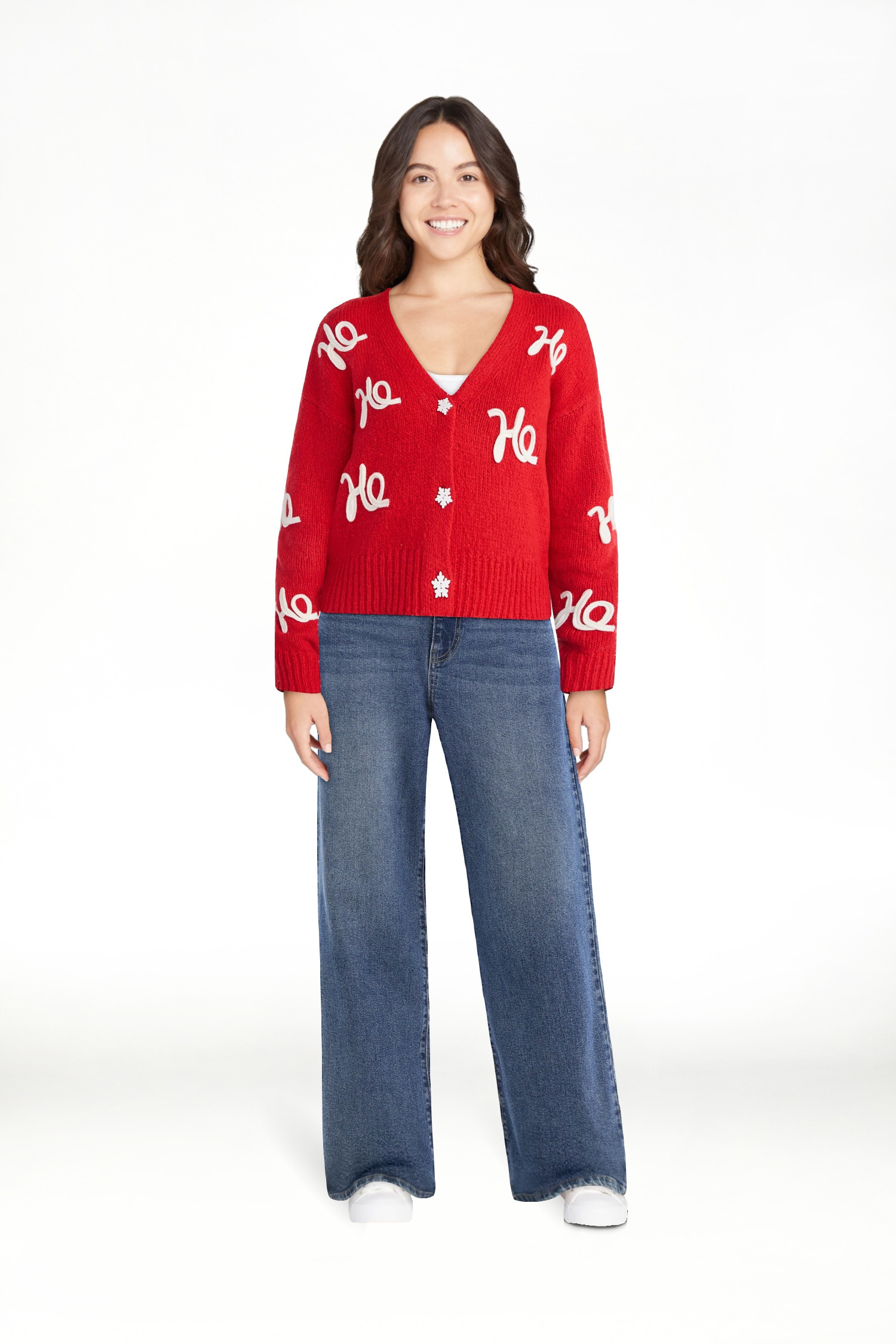 No Boundaries Embroidered Christmas Cardigan, Women's & Women's Plus | Walmart (US)