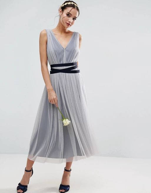 ASOS WEDDING Mesh Midi Dress With Ribbon Strapping Detail | ASOS UK