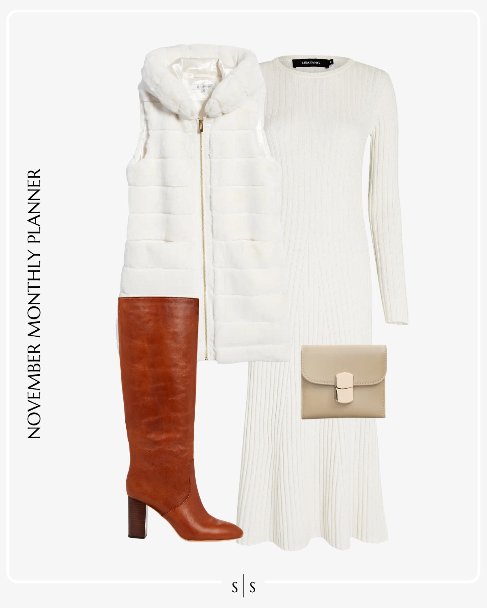 Monthly outfit planner: NOVEMBER Fall and Winter looks | knit sweater dress, Goldy knee high boot, faux fur vest, clutch, Thanksgiving outfit, date night 

See the entire calendar on thesarahstories.com ✨

#LTKstyletip